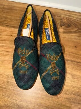 Polo Ralph Lauren Paxton Wool Plaid Green Loafer Shoes Skull & Keys